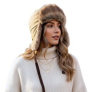 Retro Canadiana tan brown muskrat fur winter warm trapper hat ear flap hat